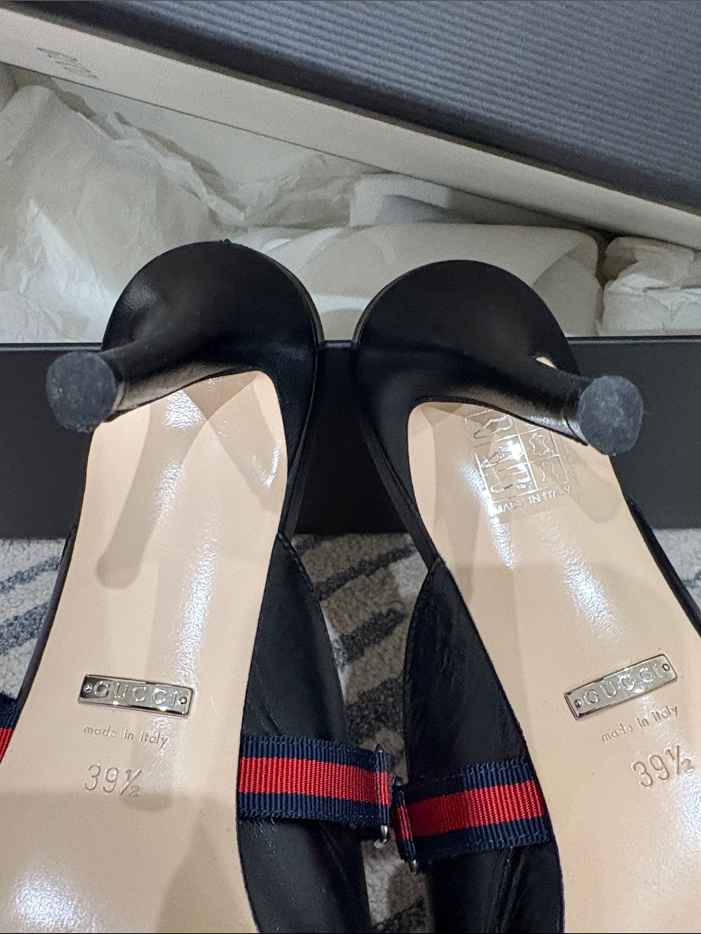 Gucci Sylvie Horsebit Slingback Pump Mule Black Web Stripe Mid Heel - Picture 8 of 15